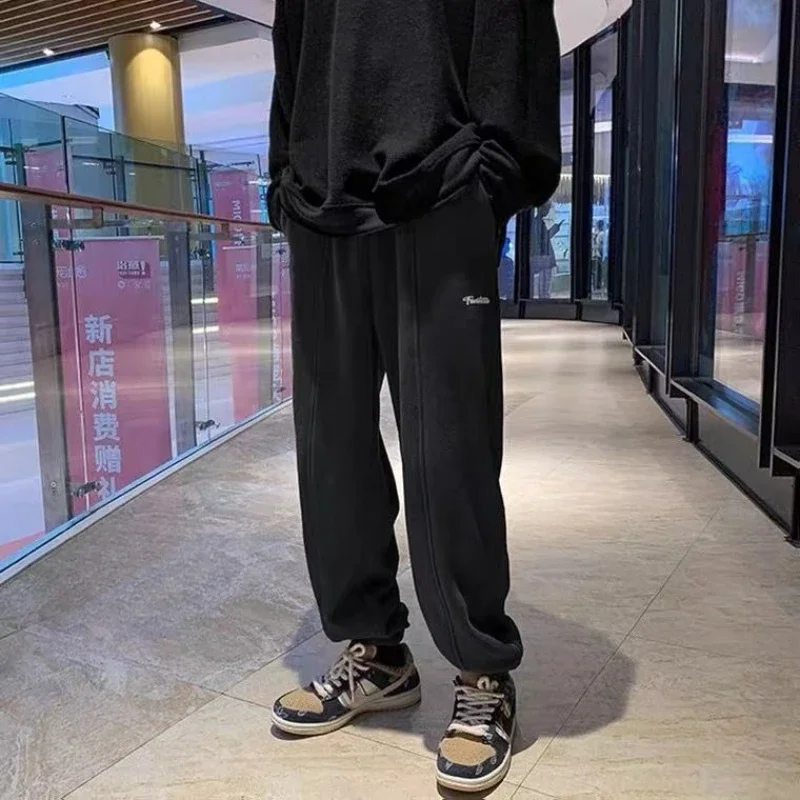 

Брюки однотонные черные с эластичной резинкой на талии, хлопковые мужские спортивные штаны в стиле ретро, высокое качество Y2k, осень-зима, новые корейские мужские спортивные штаны