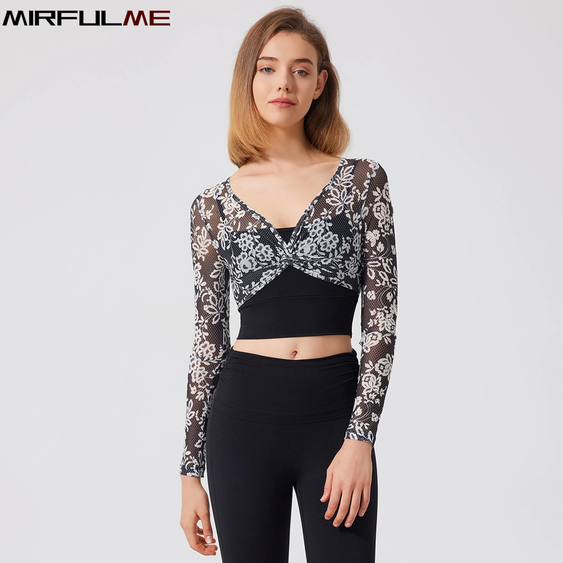 Women Yoga Sports Shirts Lace Flower Running Padded Undershirt Mesh Long Sleeves Workout Sweatshirt Elastic Gym Fitness Tops Bra