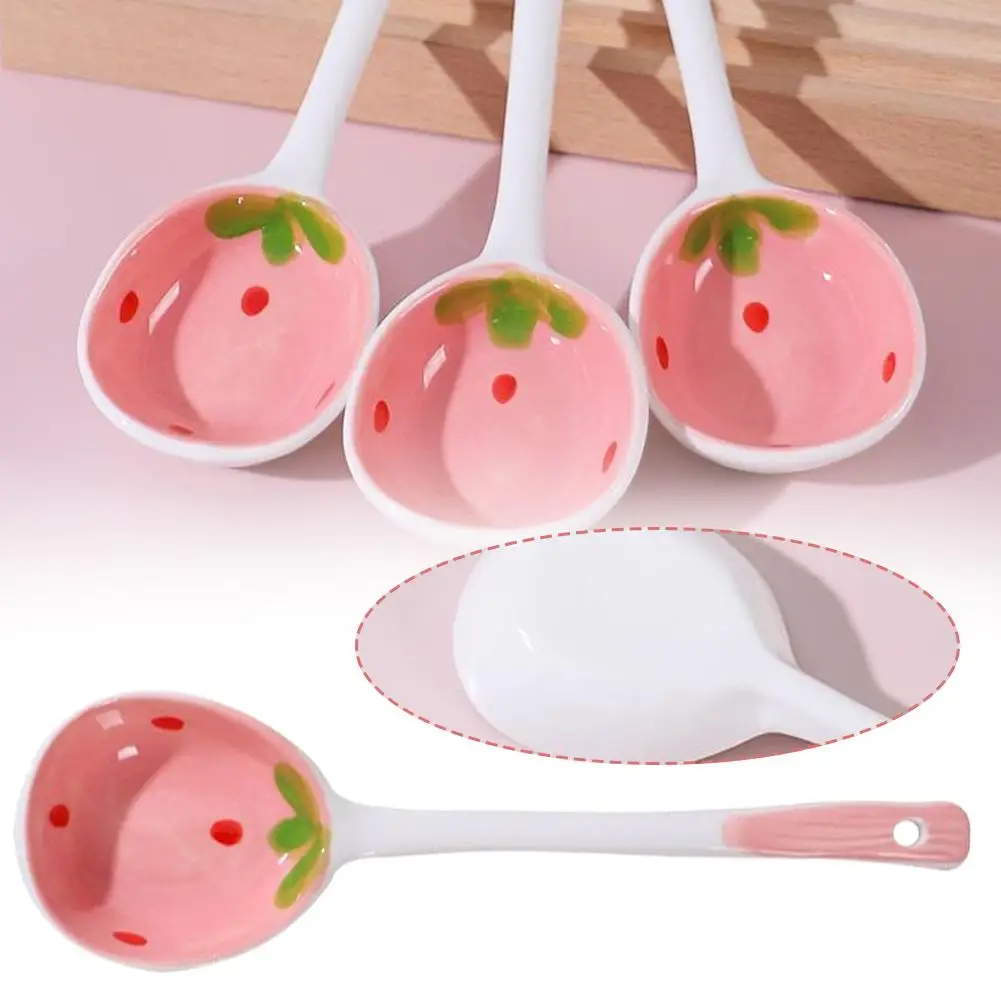 Cuchara de cerámica de fresa para sopa, accesorios de mango de postre, café, helado, cocina, X7S9, 1 piezas