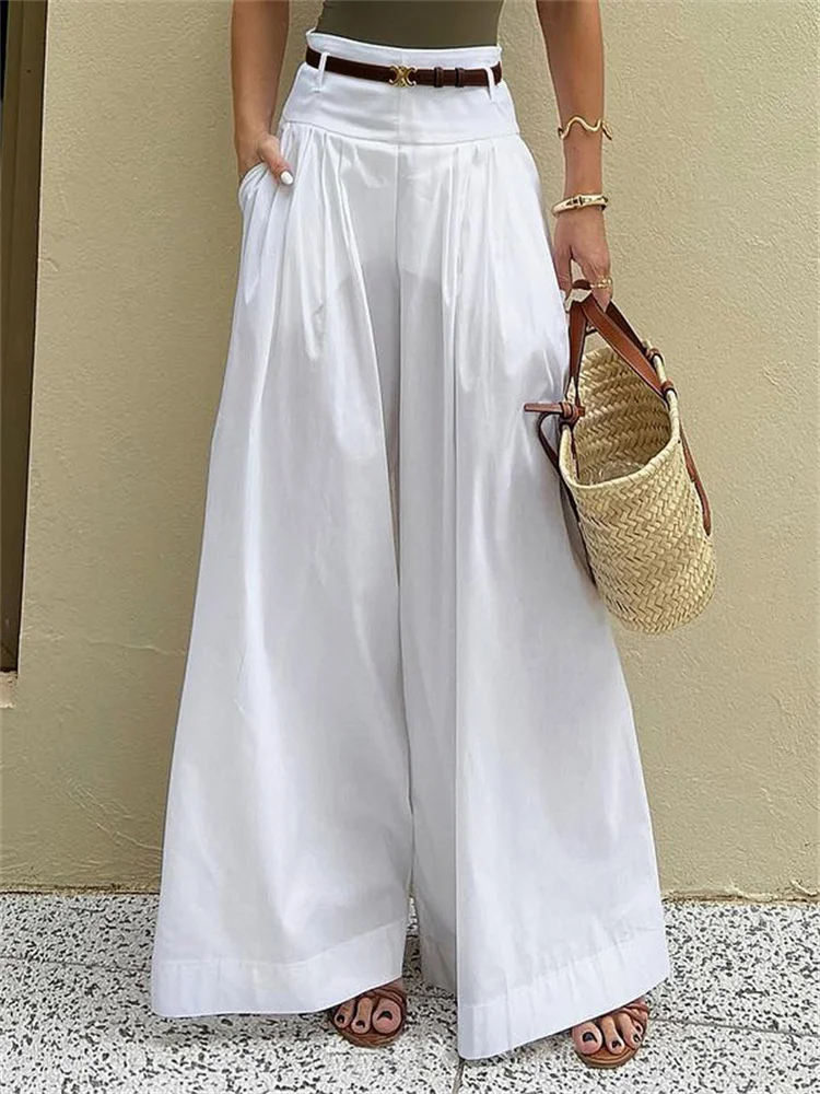 

Modigirl Women High Waist Casual Wide Leg Long Palazzo Pants 2024 Summer With Pockets Loose Female Simple White Trousers Bottoms