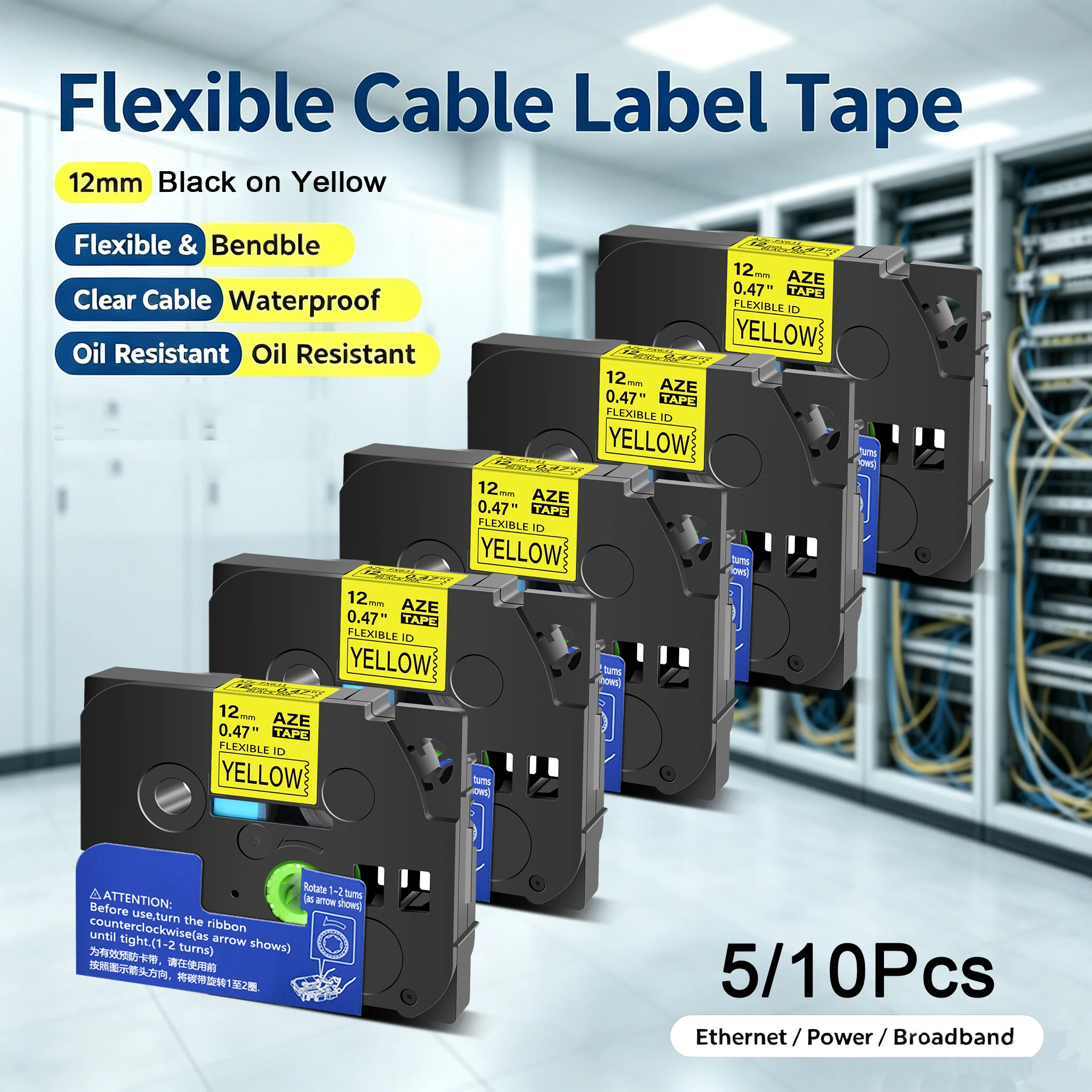Compatible Brother TZe-FX631 Flexible Label Tape 5/10 Pack 12mm Durable Cable Wrap Tape for Electrician Network Wiring
