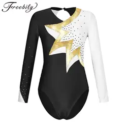 Kids Color Block Rhythmic Gymnastics Jumpsuit for Girls Ballet Dance Leotard Long Sleeve Keyhole Back Yoga Skating Bodysuit