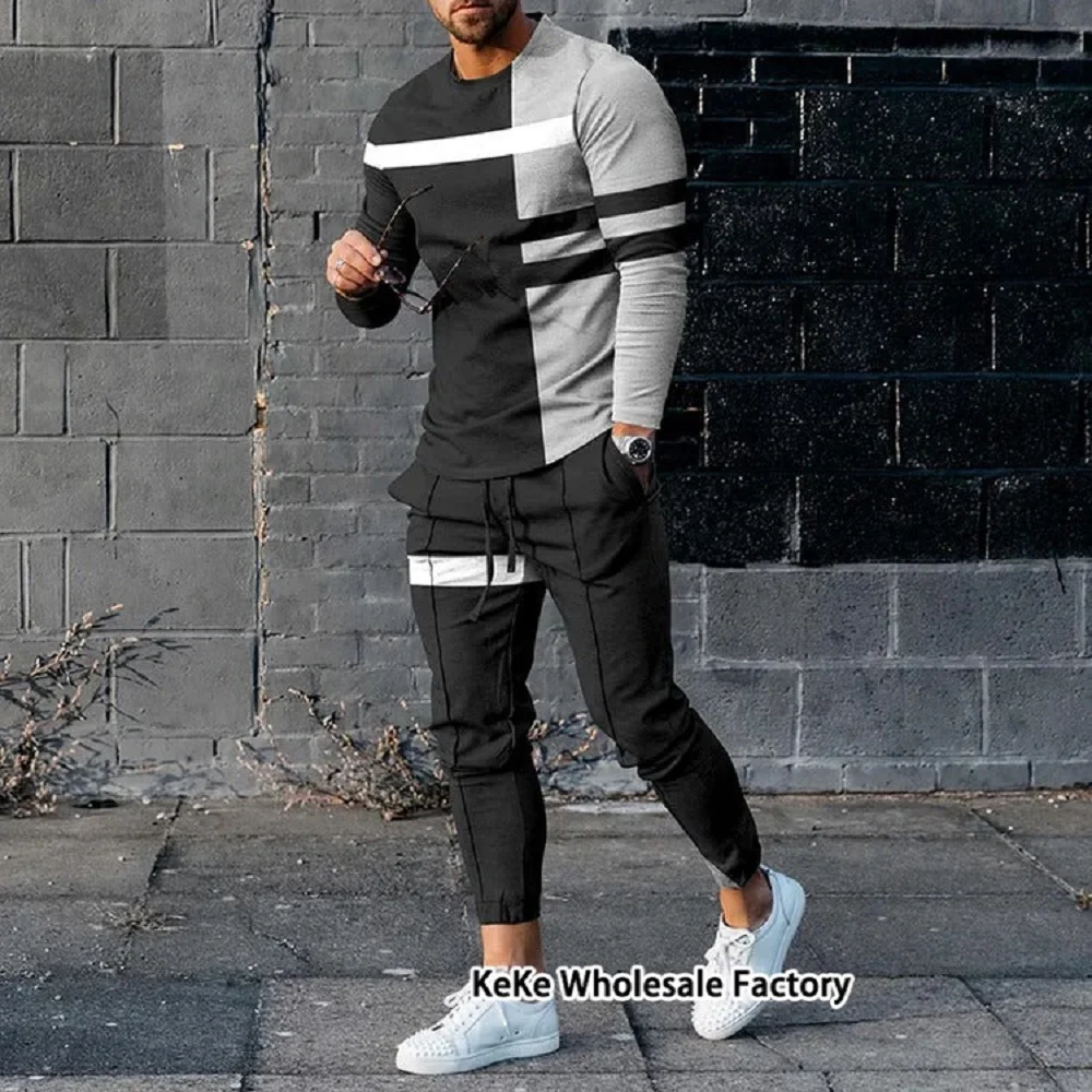 New Fashion Man Tracksuit Sets Striped Jogging Outfits Oversized Men Clothing Long Sleeve T Shirt 2 Piece Cool Suits