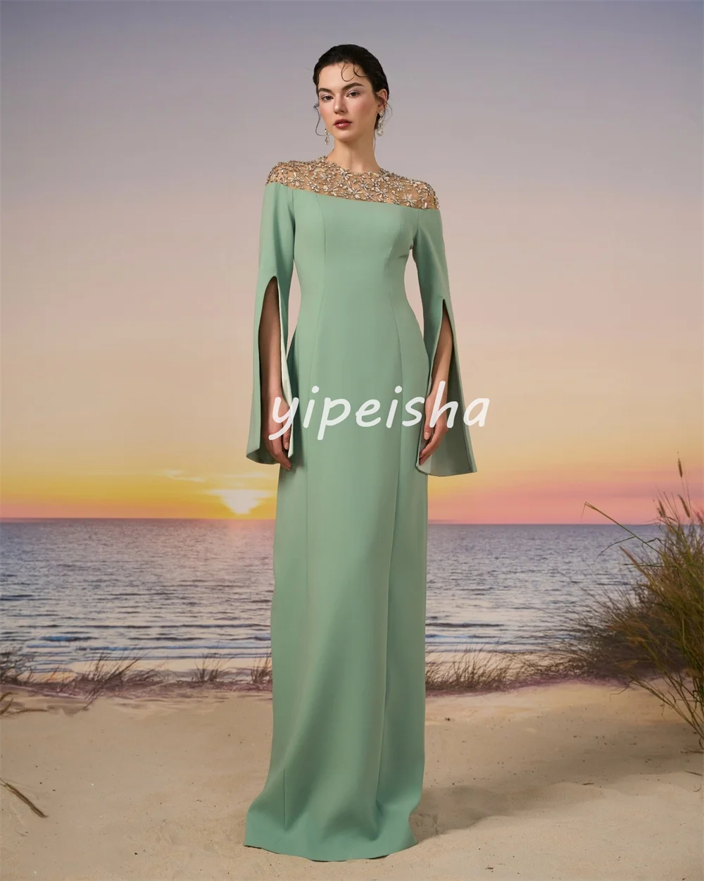 Customized Sparkle Intricate Jersey Pleat Rhinestone Straight Scoop Neck Long Dresses Evening Dresses Exquisite High Quality