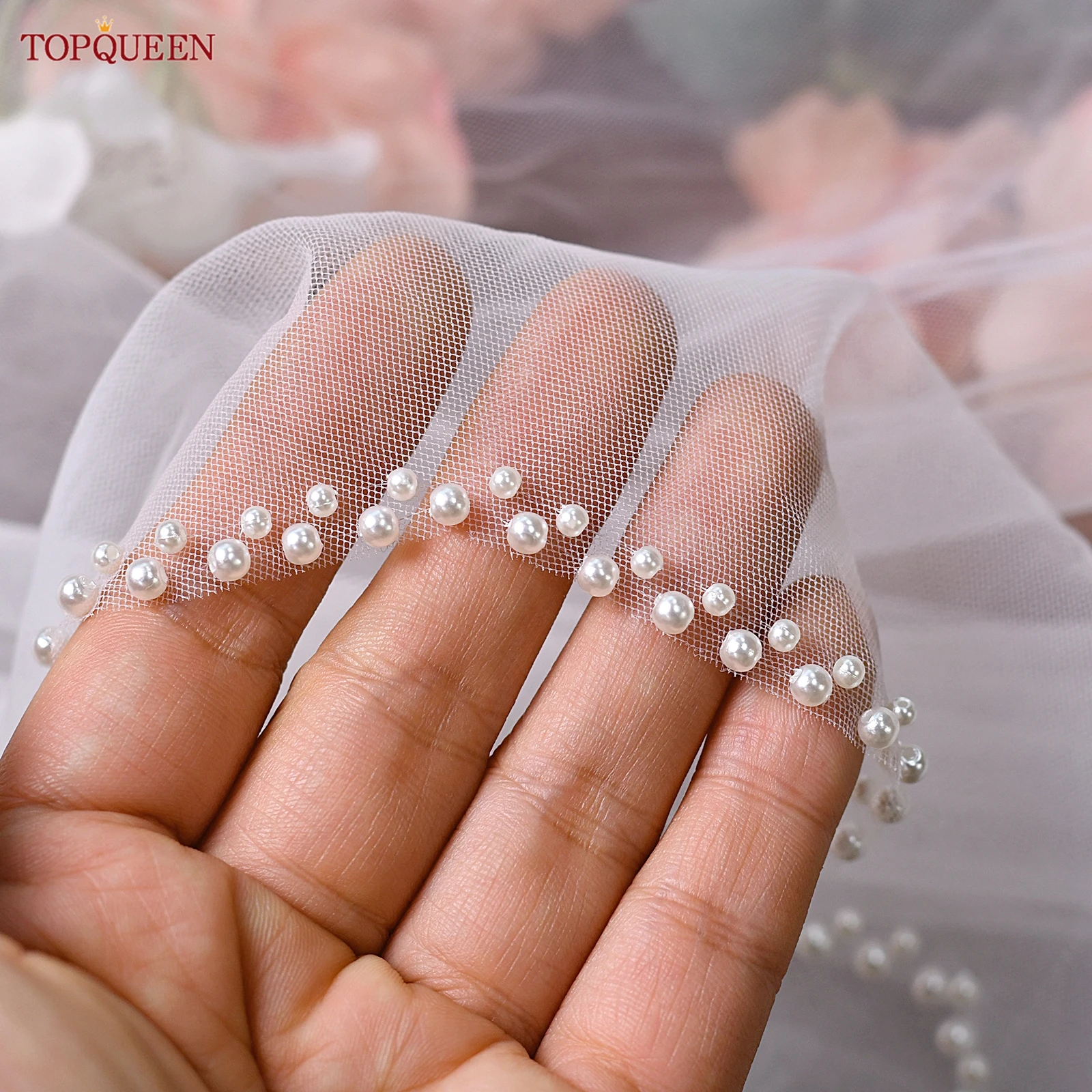 Topqueen v35 véu de noiva com pérolas, camada única, borda de contas, comprimento do cotovelo, elegância, véu de cabeça, doce, veu, alta qualidade