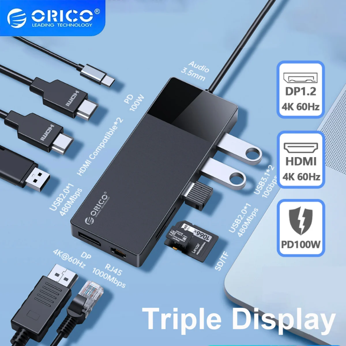 

ORICO USB HUB 4K 60Hz Type C to HDMI-compatible VGA RJ45 USB3.0 PD 100W Adapter SD Reader For macbook pro Dock Station Splitter