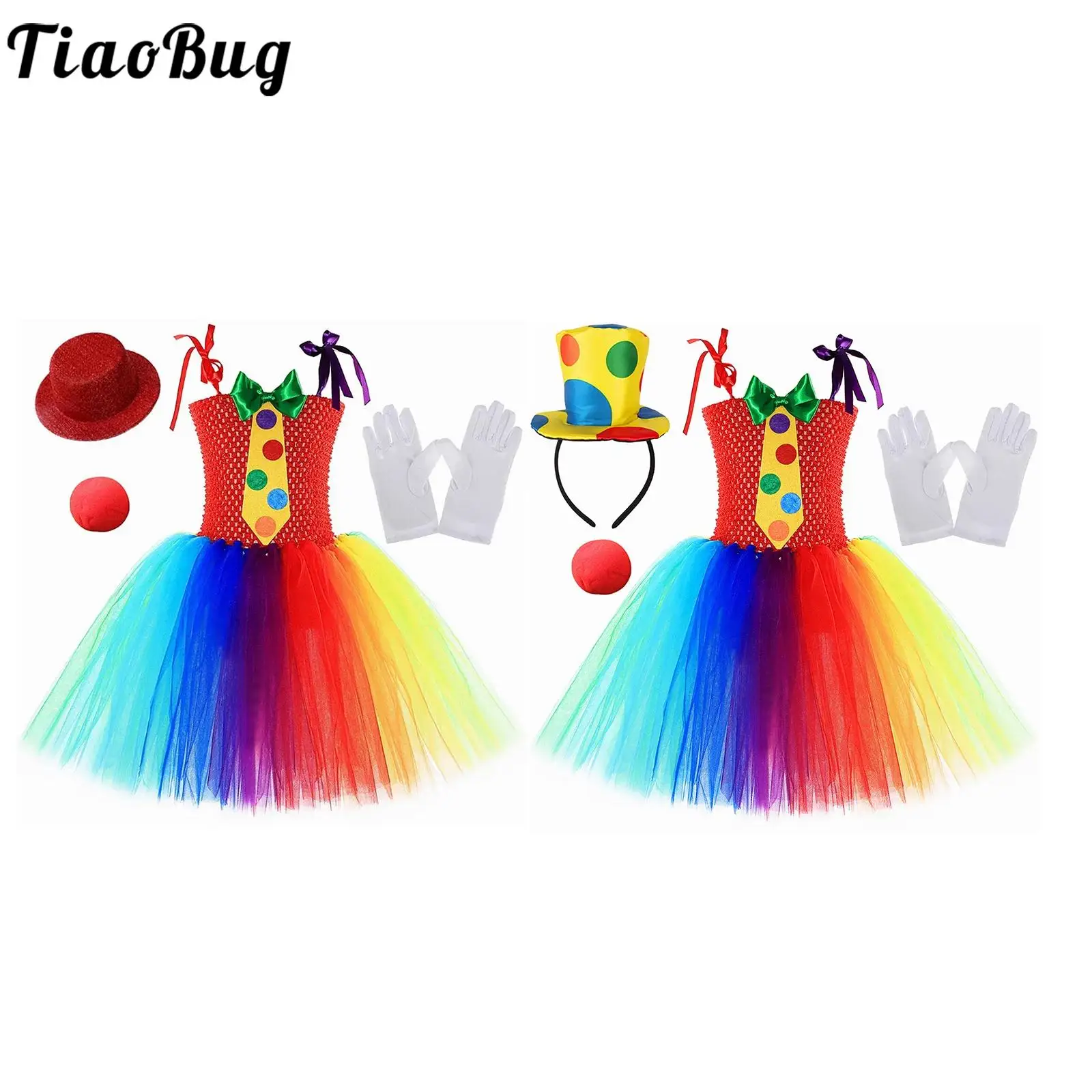 

Kid Girls Rainbow Circus Cosplay Costume Outfit Halloween Dress Up Tutu Dancewear Bow Tie Puffy Dress with Headwear Nose Gloves