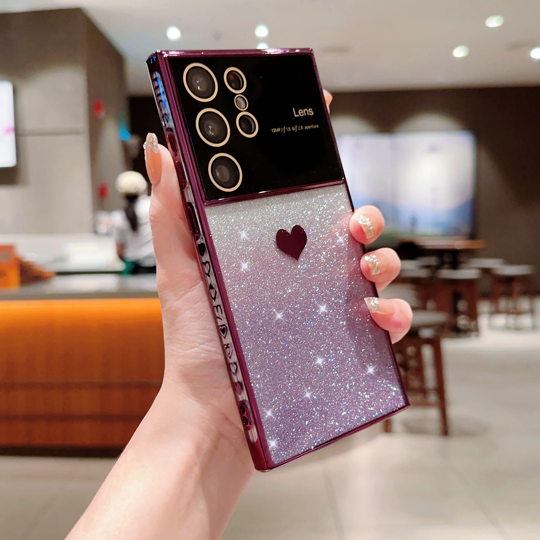 Luxury Plating Glitter powder Case For Samsung Galaxy A53 A52 A54 5G S21 S23 FE S22 S24 Ultra Side Love Heart Pattern Soft Phone