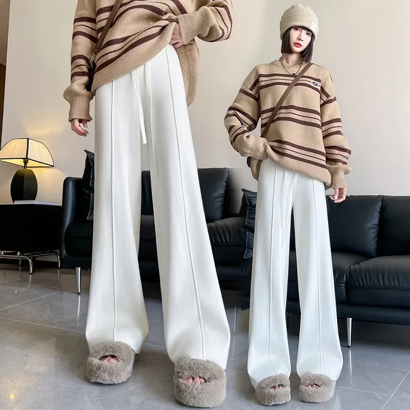 

Толстые белые мягкие клеевые трикотажные брюки, женские осенне-зимние новые прямые брюки с высокой талией, повседневные широкие брюки