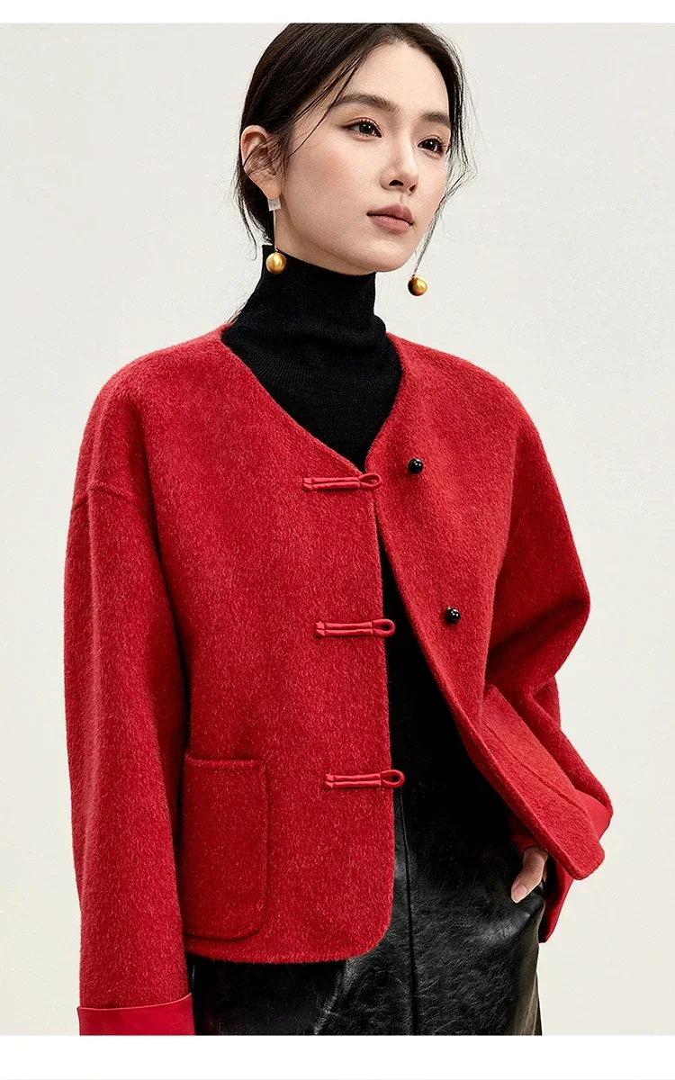 SENTUBILA Red 100% Wool Coat For Women 2024 New Chinese Style Straight V Neck Single Breasted Winter Coat Female W44O56127