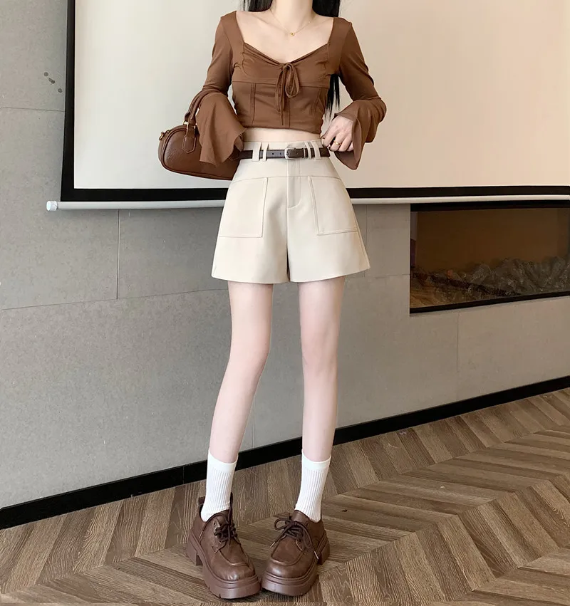 

2024 Spring/Summer New British Casual Versatile High Waist Solid Color Korean Wide Leg Shorts+Belt Large Pocket