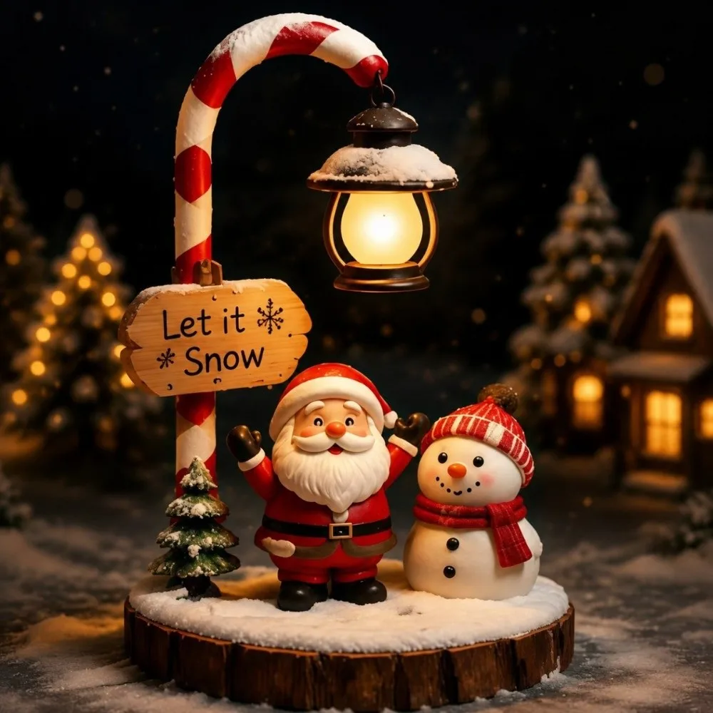 Warm LED Light Christmas Resin Night Light Vintage Fake Snow Snowman Reading Lantern Hand Painted Simulated Tree