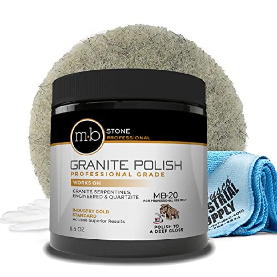 Granite Polishing Compound 8.5 oz - Norton Ultra Grizzly Pad 7-3/4 Inch - 16 x 16 Microfiber Cloth - Gloves - Bundle - 4 Items