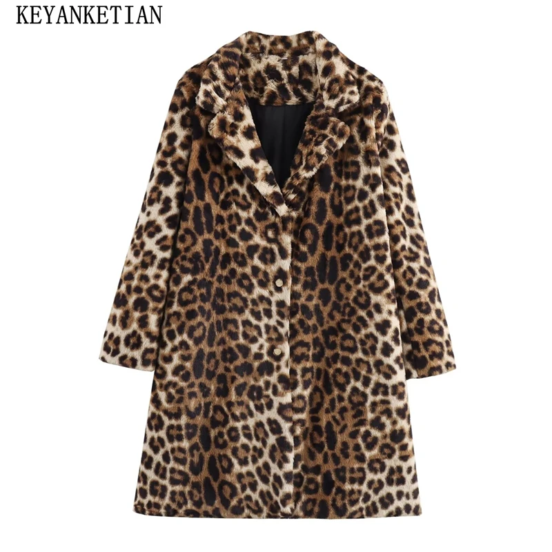 KEYANKETIAN 2024 New Women's Artificial Fur Leopard Print Coat Autumn/Winter Single Breasted Loose Thick Mid-length Blazer Top