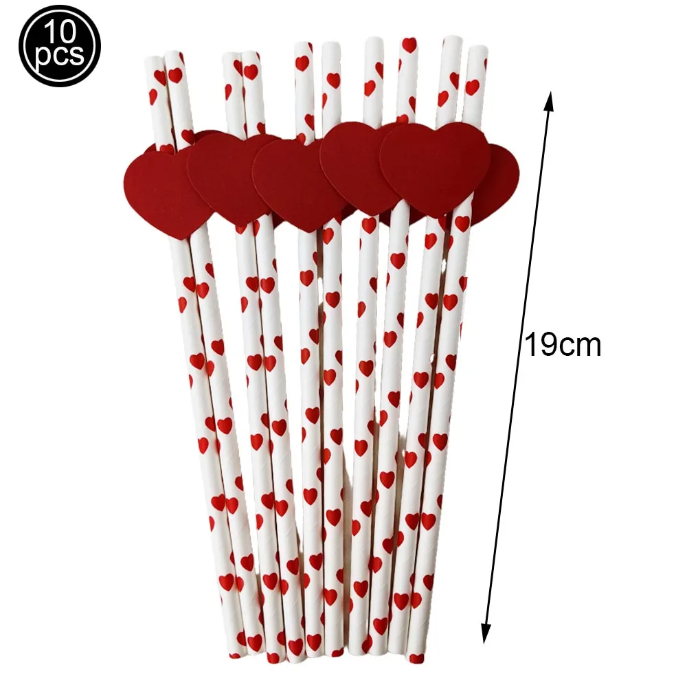 10pcs Biodegradable Red Hearts Paper Straws Party Stripe Disposable Drinking Straws for Birthdays Weddings Valentine’s Day Decor