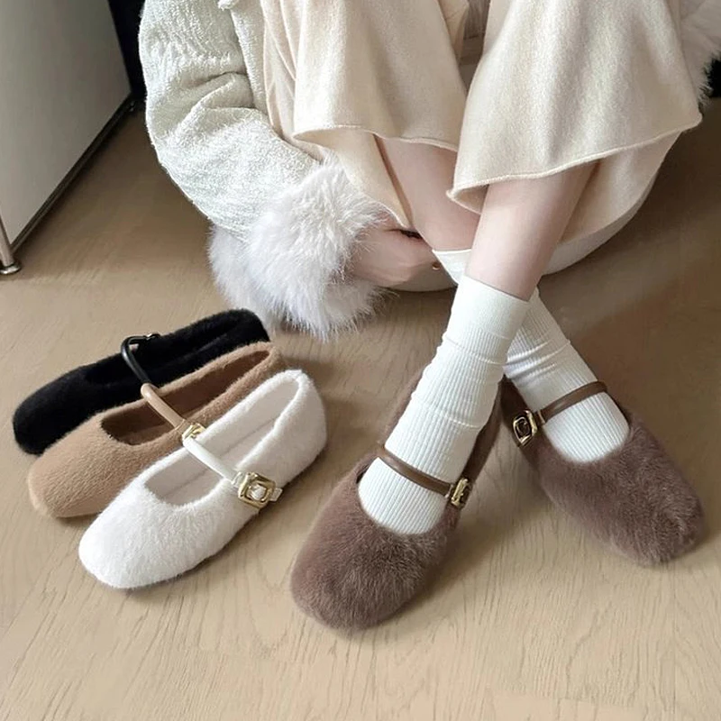 Elegant Buckle Strap Fur Mary Jane Shoes Woman Cosy Soft Fluffy Ballet Flats Ladies Plush Shallow Loafers Concise Dress Zapatos