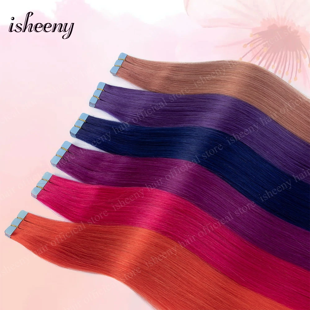 Isheeny 12 "16" 20 "Cinta en extensiones de cabello Cinta adhesiva invisible en la extensión del cabello 10 unids/pack Rosa Púrpura Azul Cabello colorido