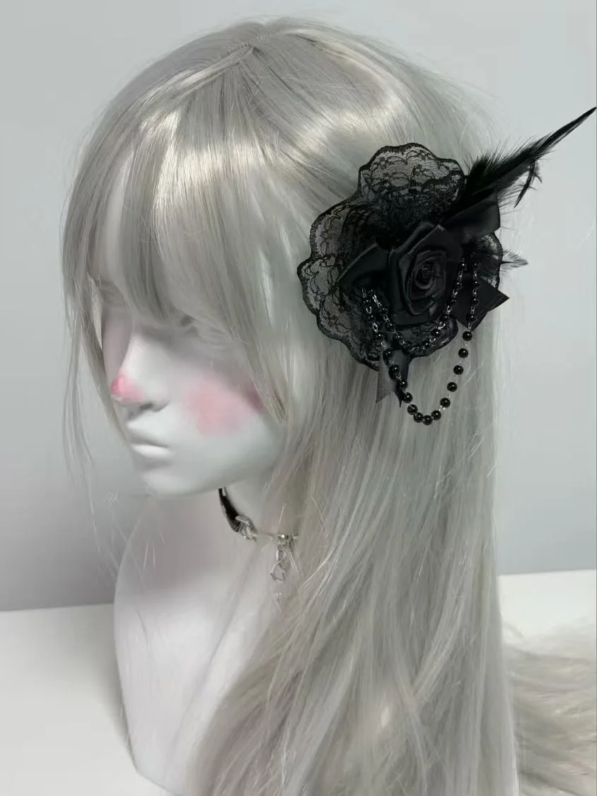 고딕 장미 깃털 머리핀 빈티지 레이스 헤어 클립, 일본 스타일 머리핀, 소녀 코스프레 머리 장식, 로리타 헤어 액세서리