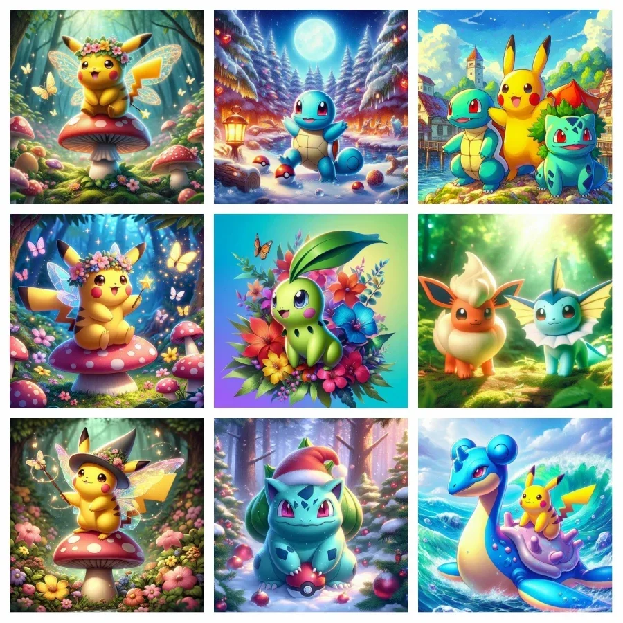Hada Pikachu con flores mariposa pintura de diamante arte 5d Diy Chikorita Bulbasaur Pokemon dibujos animados punto de cruz decoración de pared