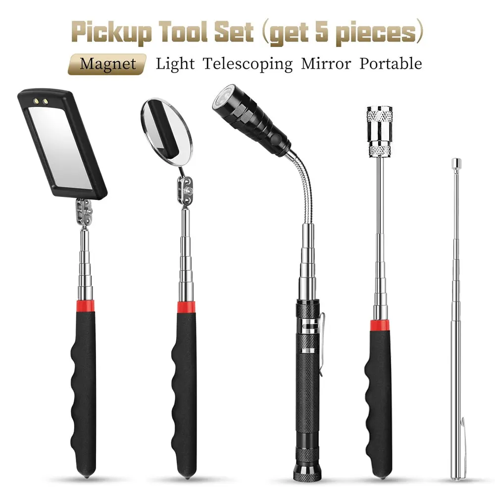 

5-piece magnetic pickup tool set, telescopic design, expands pickup range, ideal for automotive repair.