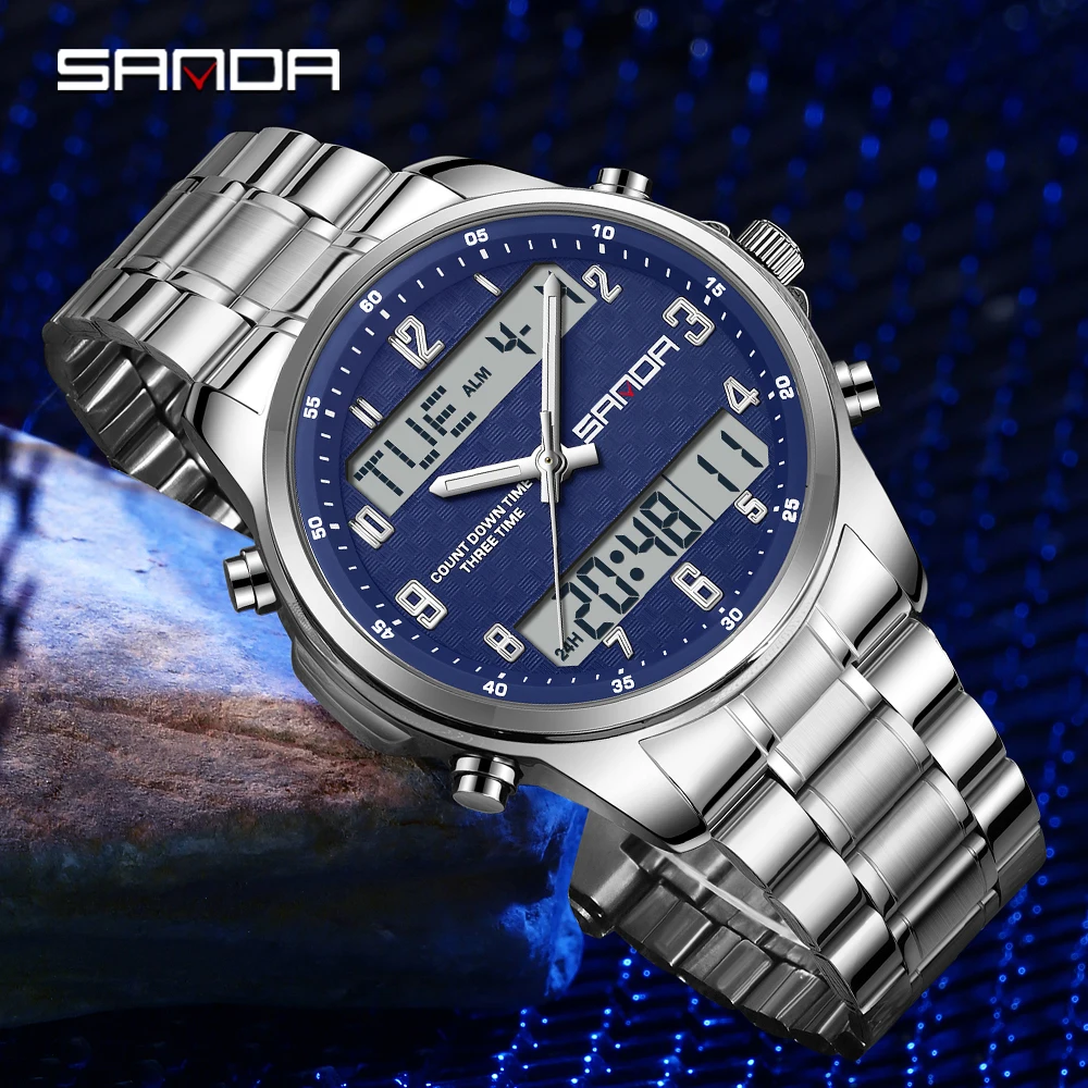 SANDA 9119 Dual Display Steel Belt Watch Men's Double Movement Multi Functional Timing Night Light Alarm Clock 5ATM Waterproof