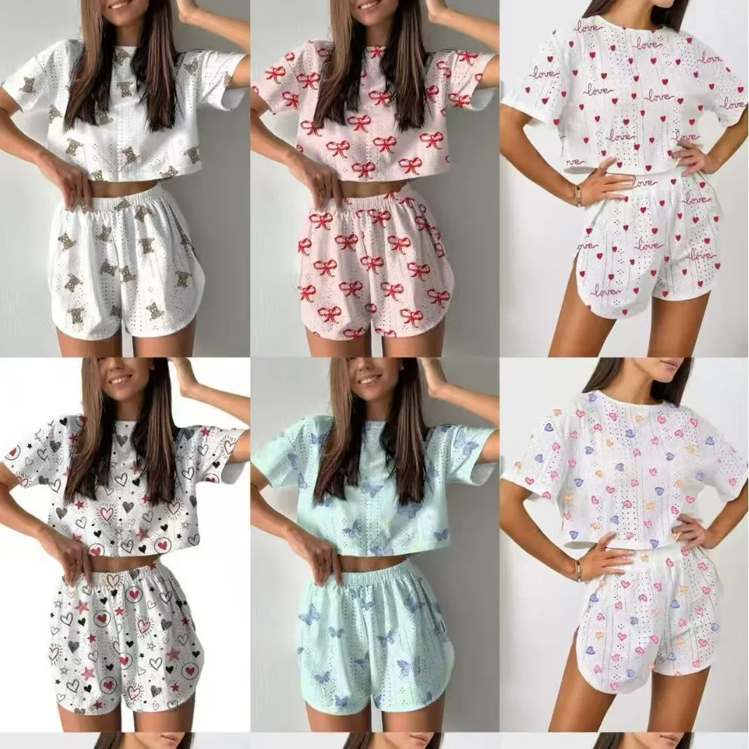 

Women's Pajamas Set Sleepwear 2 PCS Short Tank Tops And Shorts S M L White Ventilate Soft Casual Love Printing