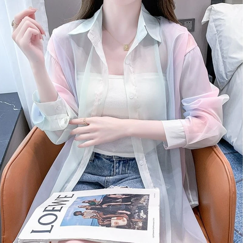 Shirts Women Sun Protection Rainbow Transparent Fashion Summer Outwear Thin Lady Lace-up Loose Casual All-match Button-up Chic