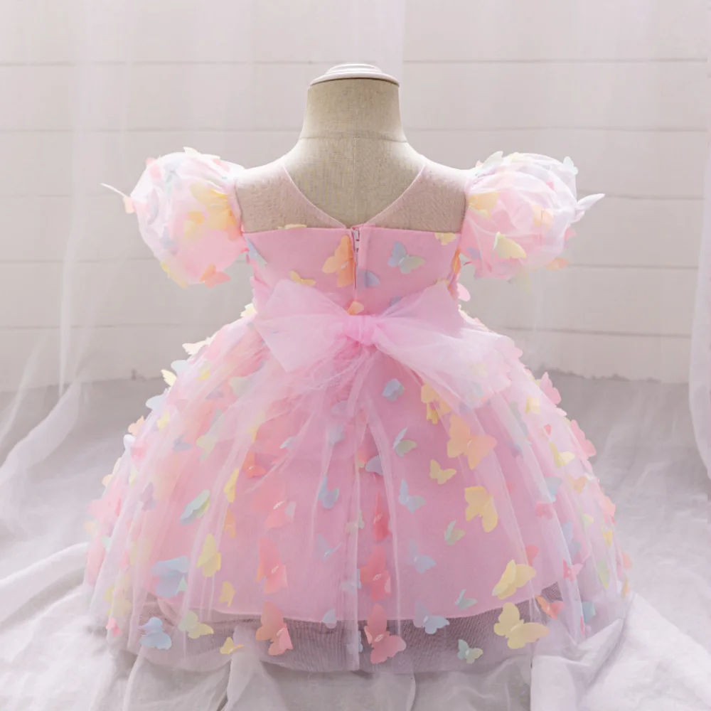 2024 Pink Butterfly Embroidery Princess Gown For Baby Girls Toddler 1st Birthday Party Dresses Infant Puff Sleeves Tutu Clothes