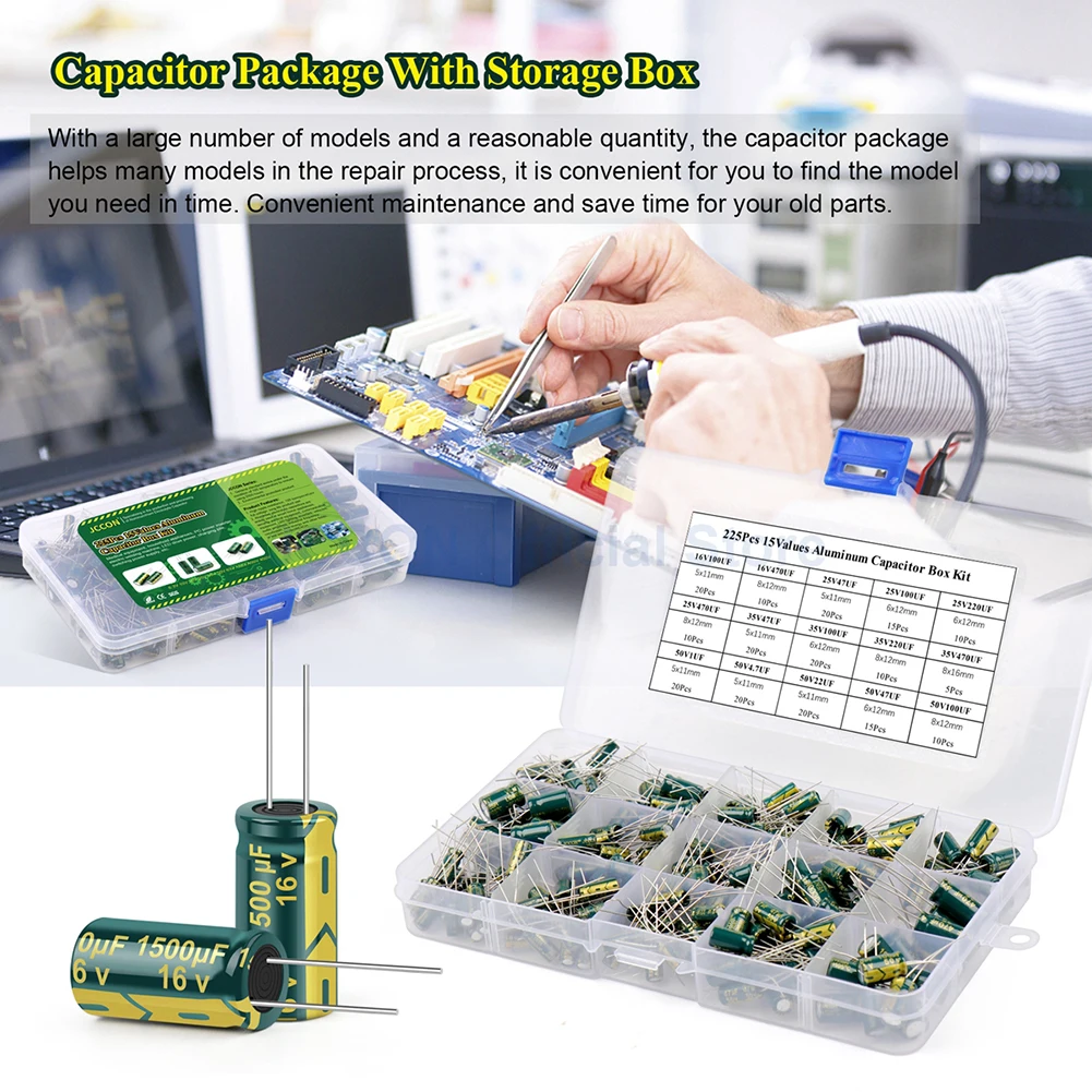 15/24/36 Values 225/460/925Pcs Aluminum Capacitors Set 16V-50V Aluminum Electrolytic Capacitors Assortment Kit for DIY Projects