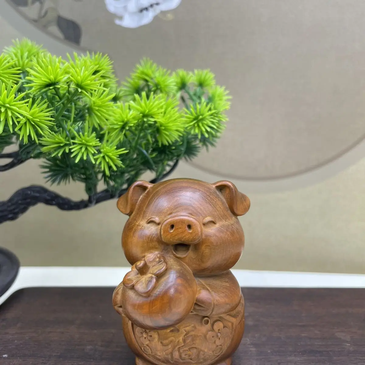 Hand Carved Wood Lucky persimmon pig Statue Figurine Desktop Ornaments Home Decoration