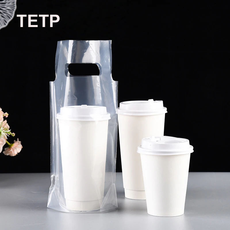 TETP 50Pcs Transparent Thicken Coffee Take-away Bag Drinking Milk Fruit Tea Beverage Packing Doggy Handbag For Small Business