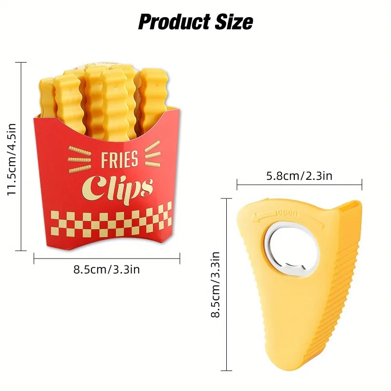 24 cute French fry shaped bag clips, 1 small yellow magnetic can opener, bag clip bottle opener for sealing opened food packages