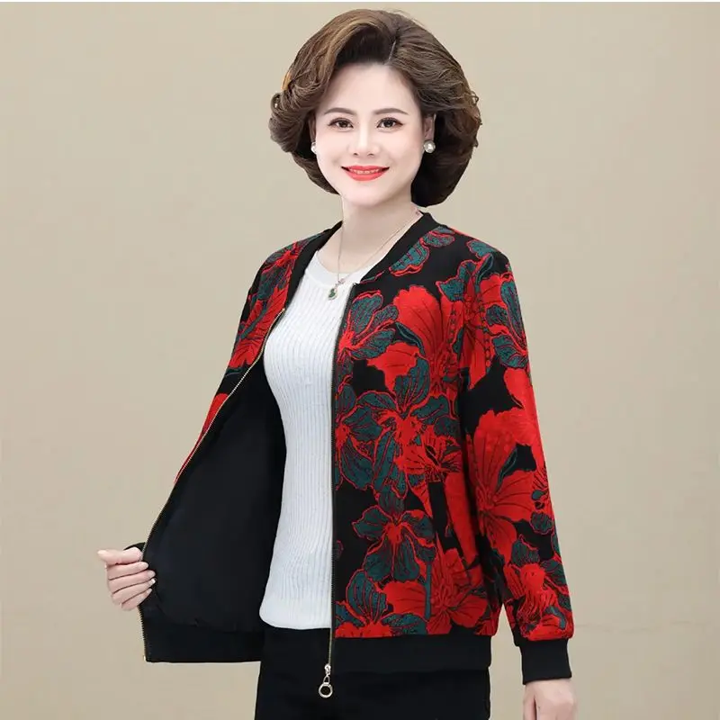 Elegant Floral Print Women's Zippered Jacket Casual Spring Autumn Outerwear With Pockets And Classic Crew Neck Design
