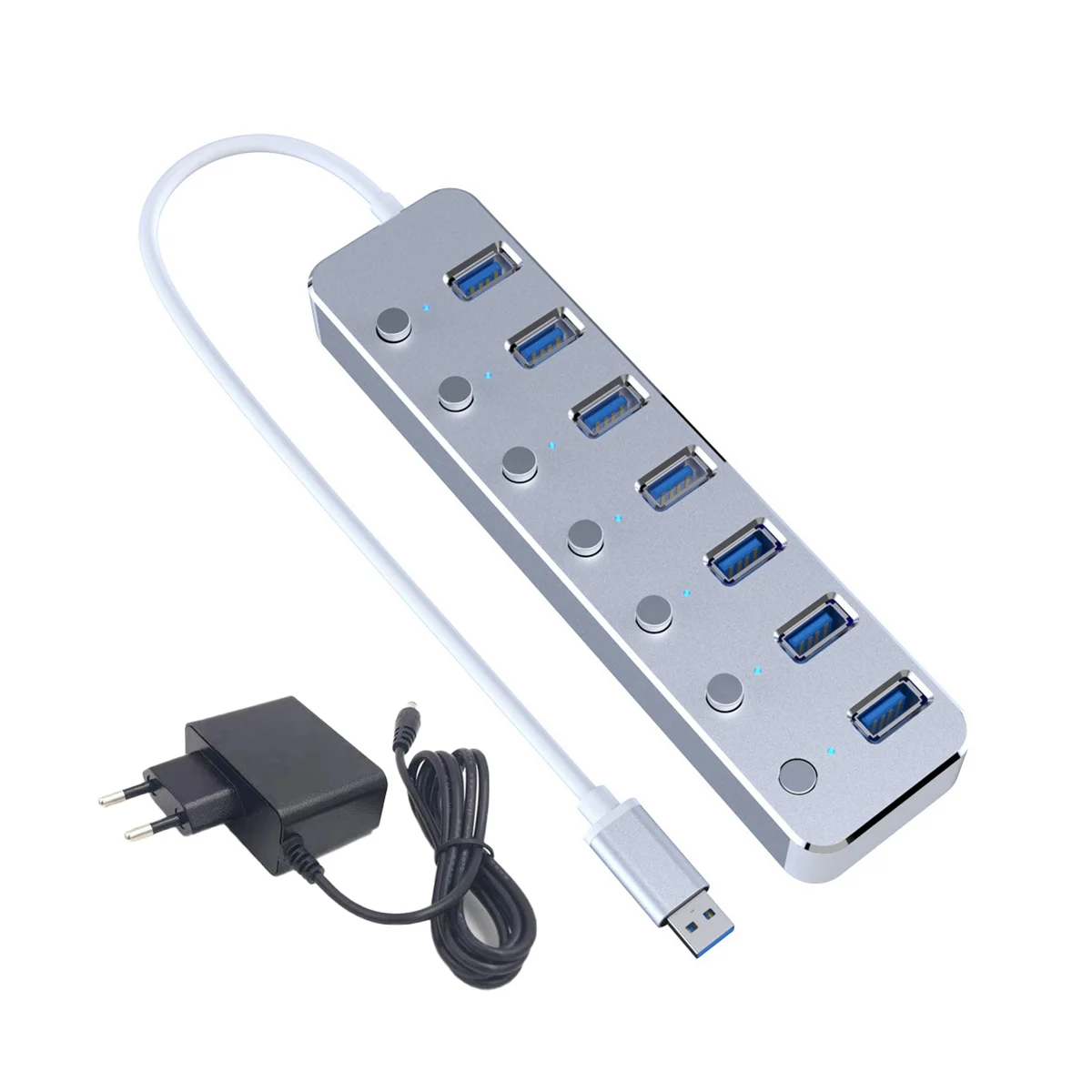 USB 3.0 Power Adapter 7 Ports Aluminum Alloy Splitter Hub USB Hub 3.0 USB Multi Extender Switch 1.2M Cable Hub EU Plug A