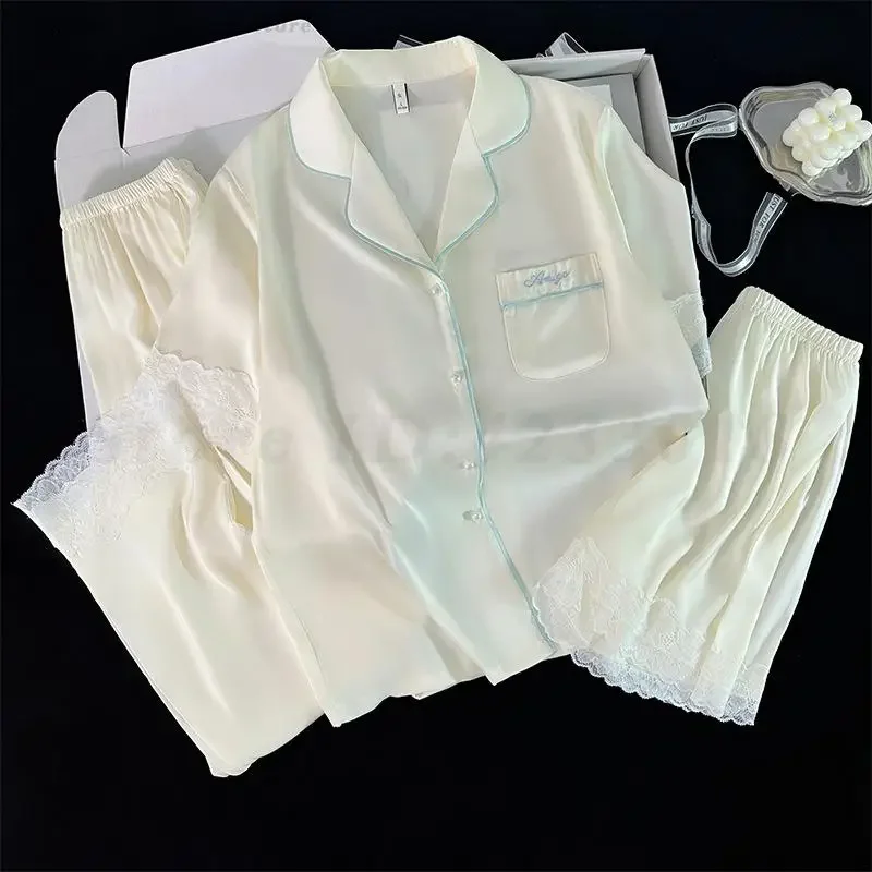 

Шелковая атласная одежда для сна, женский пижамный комплект из 3 предметов, летние шорты с короткими рукавами, брюки, пижамный костюм, сексуальное женское белье, домашняя одежда, домашняя одежда