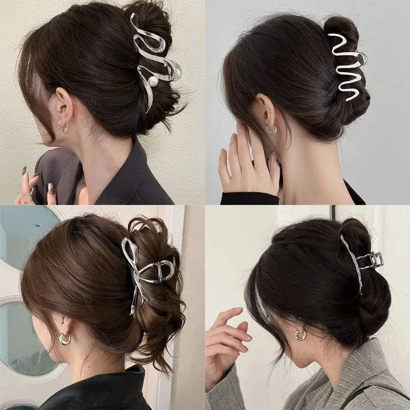 Pinza para el pelo Punk para mujer, accesorio para la cabeza con diseño geométrico, de Metal, dorado y plateado, Simple, a la moda, cangrejo grande, Corea