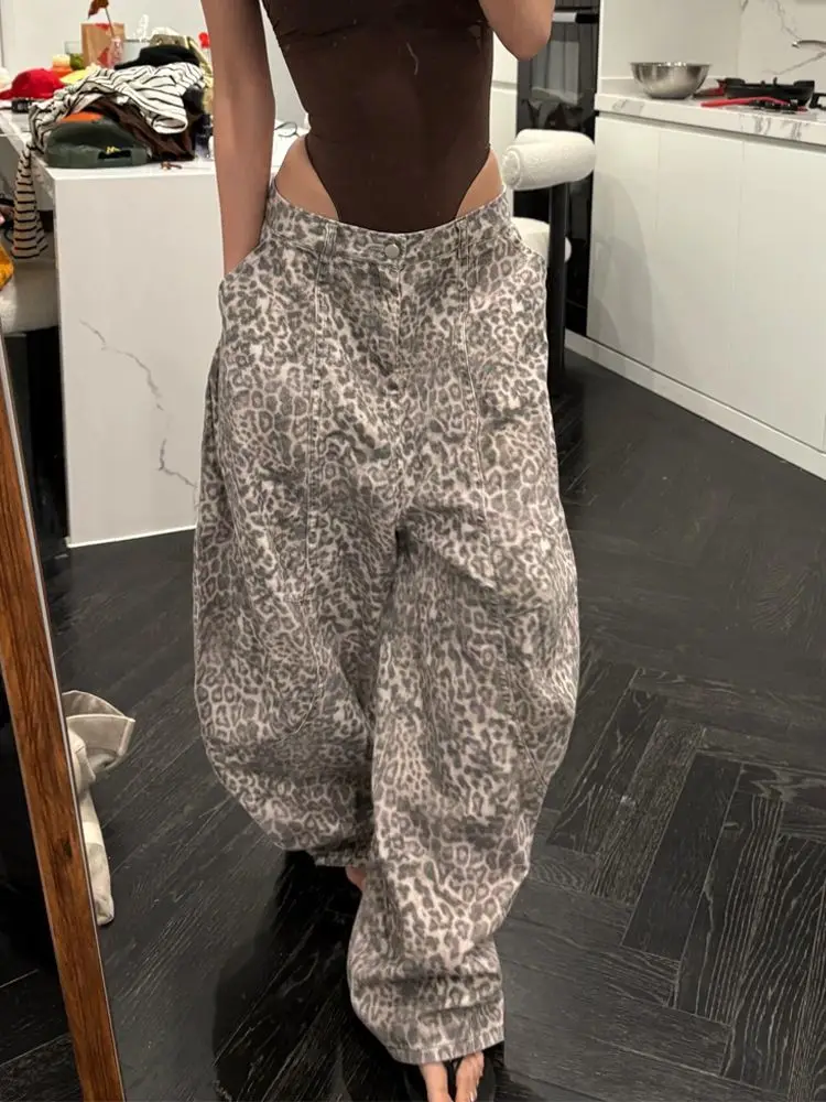 American Large Size Loose and Lazy Style Leopard Print Jeans Children's Design Sense Fashionable and Old Floor-mopping Trousers