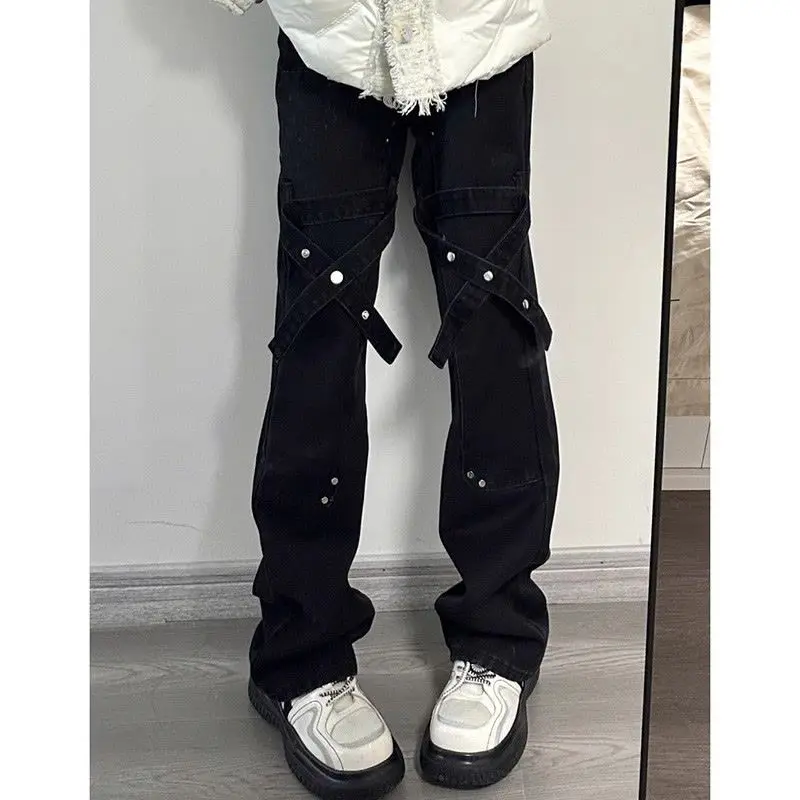 

Cross Button American High Street Retro Straight Pants Jeans for Women and Men Loose High Waist Slim Wide Leg Trousers Spring