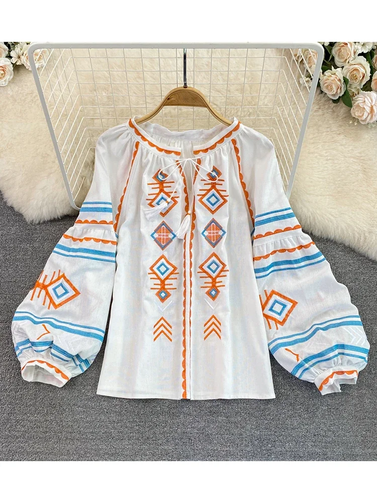 Mulheres primavera outono blus retro solto estilo étnico bordado fino lanterna manga boneca topo feminino pulôver camisa d3061