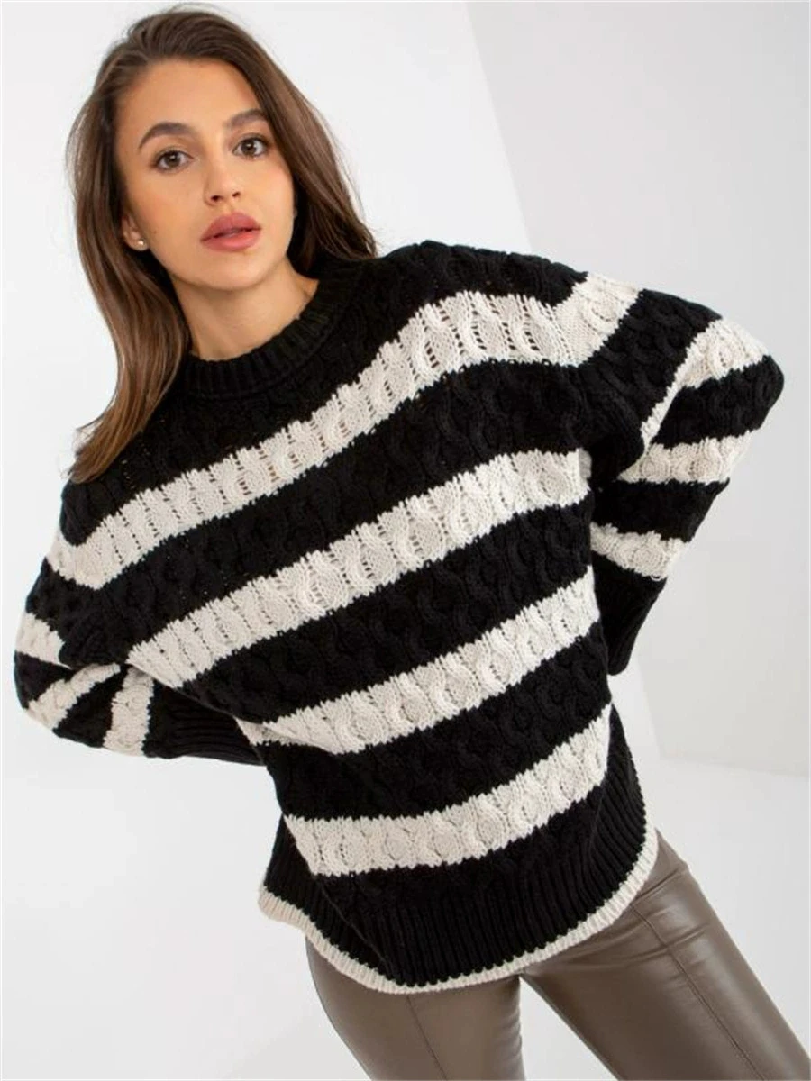 

Knitted sweater commuting pullover, retro, elegant, fashionable, versatile, contrasting striped sweater for women