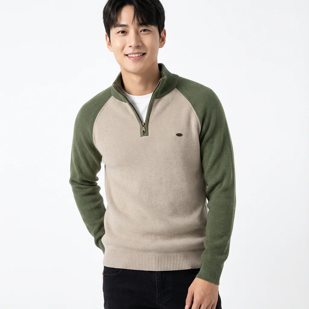 

Pure Cotton Men's Mock Neck Sweater, Color Blocking Autumn Winter Pullover Men, Solid Color Casual Mans Knitwear