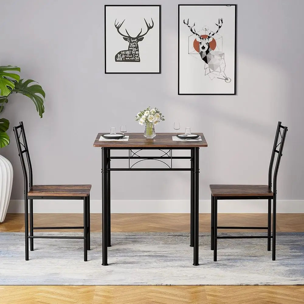 Compact 3-Piece Dining Set: Iron and Wood Square Table with 2 Chairs for Kitchen & Dining Room