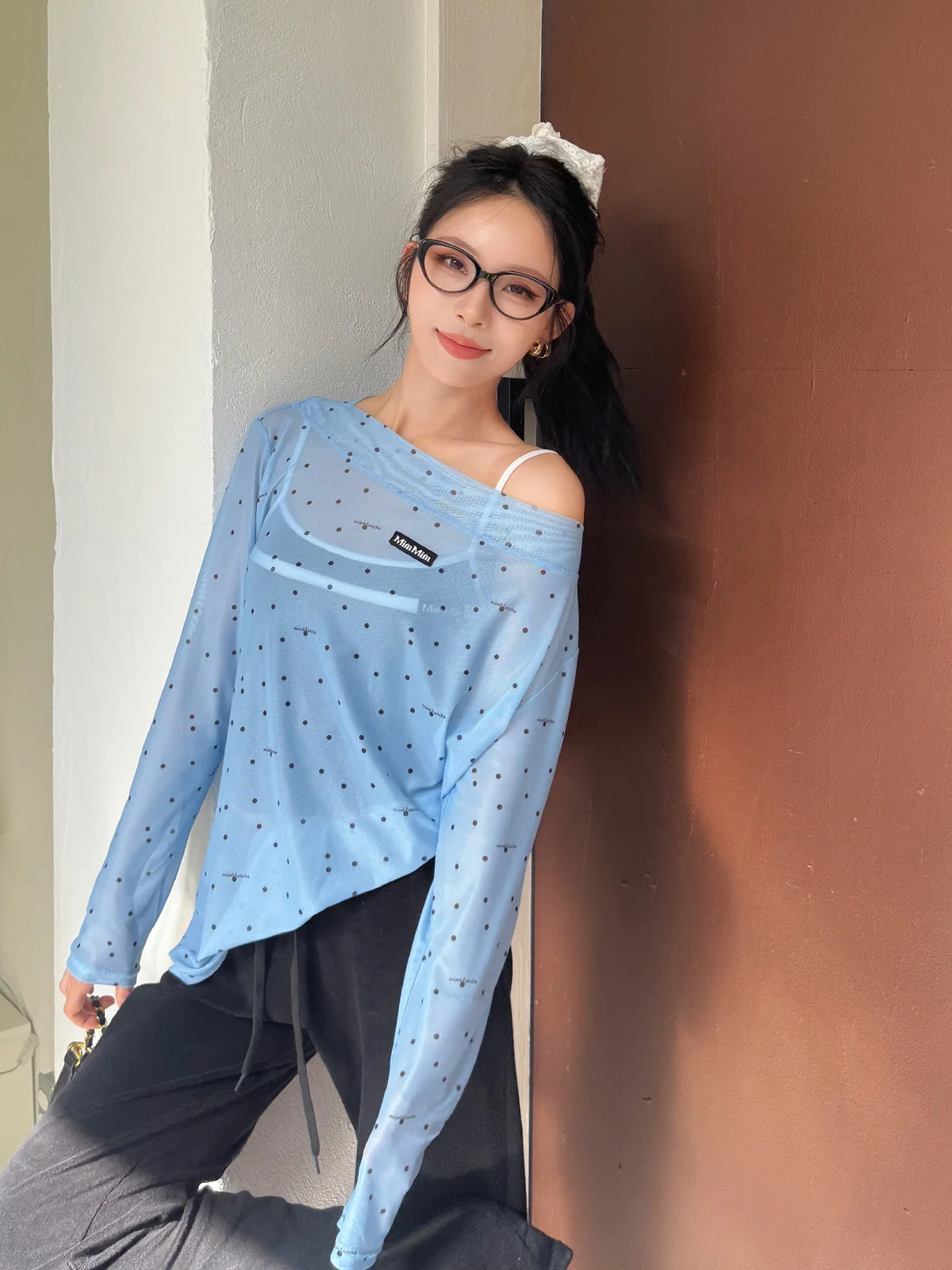 

MIMBLANCHE Polka Dot Me Long Sve T-irt Women's Top Breathable Summer Faion Commute Sle Loose Fit