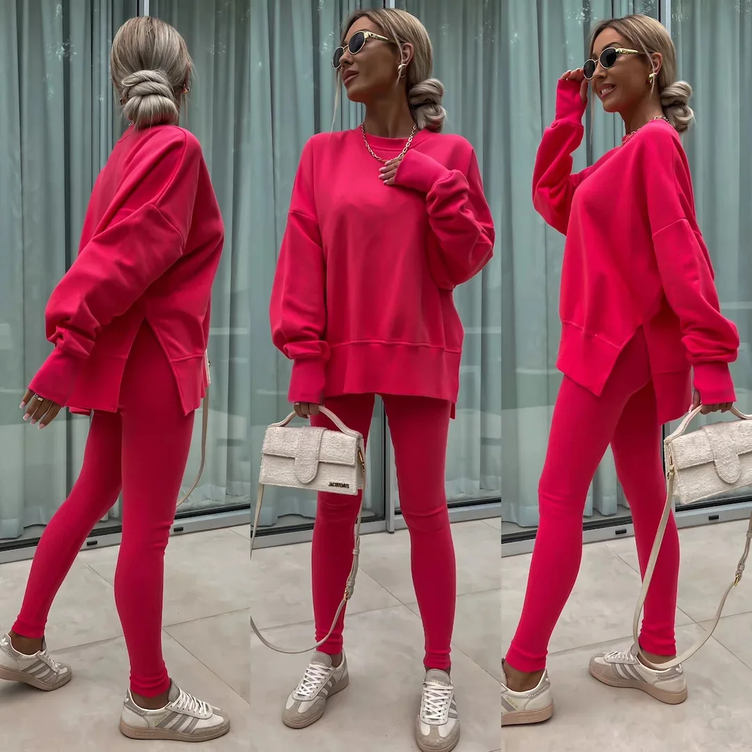 Women Pant Sets Two Pieces Tracksuit Solid Loose Sweatshirts Split Pullover Pencil Pants High Street Autumn Winter 2024