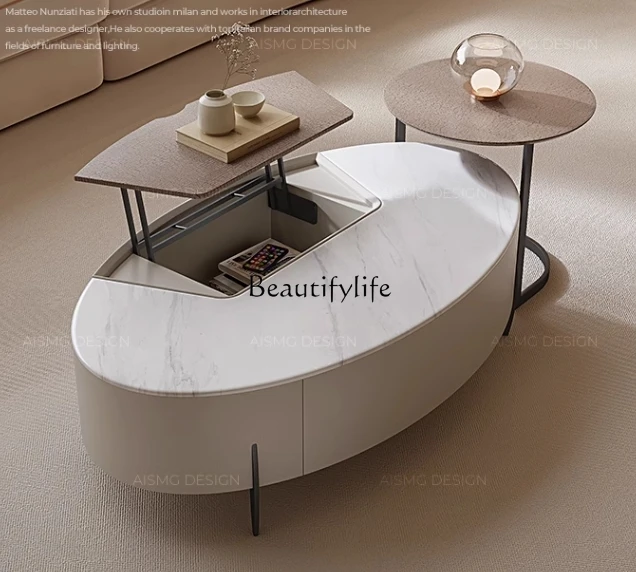 Oval Coffee Table Cream Style Living Room High-Grade Designer Model Stainless Steel Microlite Coffee Table