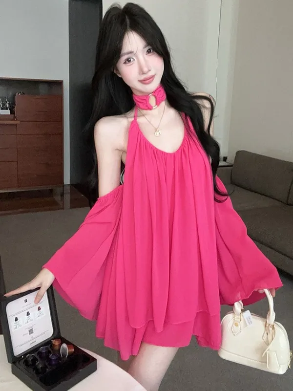 

Sexy Shoulder Baring Strap Dress Women's Fashionable A-Line Skirt in Pink Trendy Commute Korean Style Loose Fit Short Dress