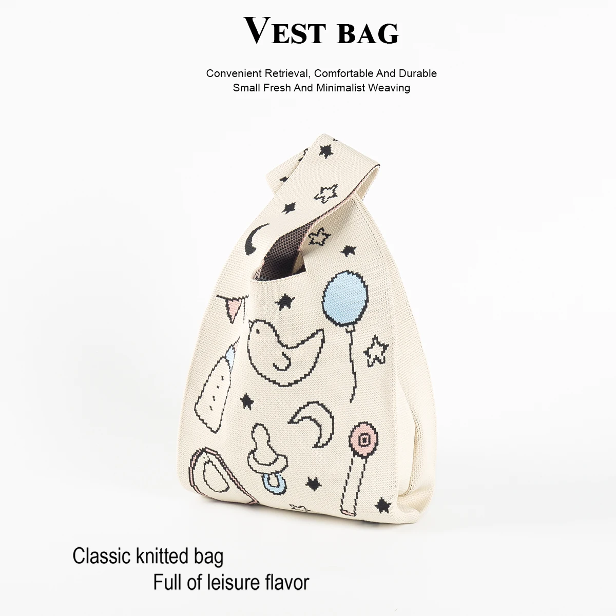 Cute and Playful Baby-Themed Patterned Knitted Handbag, Suitable for Picnics, Travel, Shopping, and Walks, Can Carry Baby Bottles, Water Bottles, Snacks, a Great Gift for Children, Durable, Wear-Resistant, Reusable, Eco-Friendly Wrist Bag, Suitable for Moms and Dads
