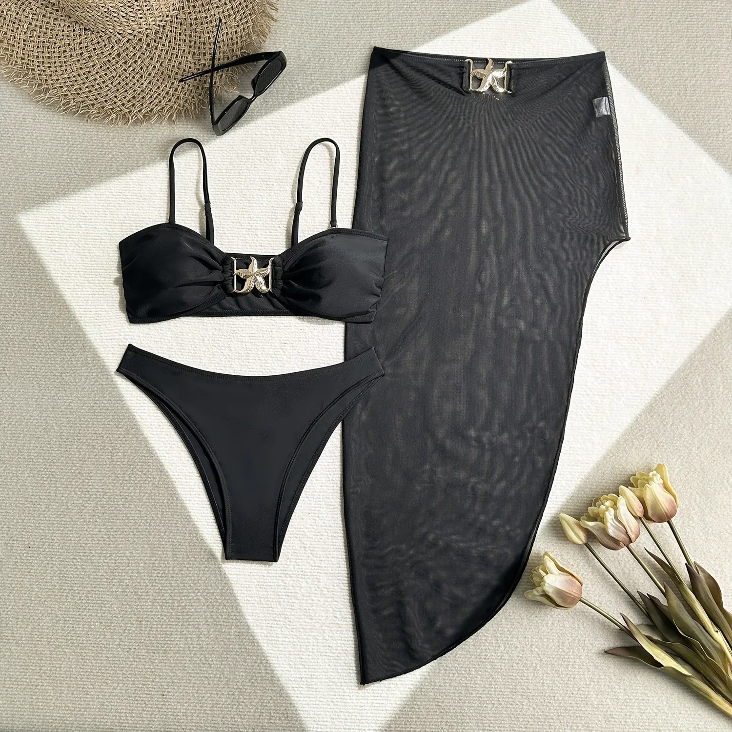 

2025 женский купальник из трех предметов, комплект бикини с металлической морской звездой, юбка из пряжи с высокой талией, накидки, купальник с открытой спиной на подтяжках, новинка лета