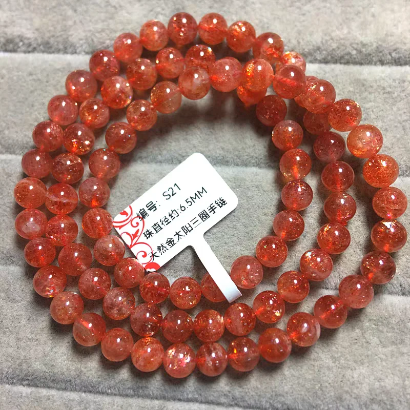 Natural Orange Strawberry Quartz 3 Laps Sunstone Bracelet Orange 6.5mm Arusha Clear Round Beads Crystal Women Men AAAAAA