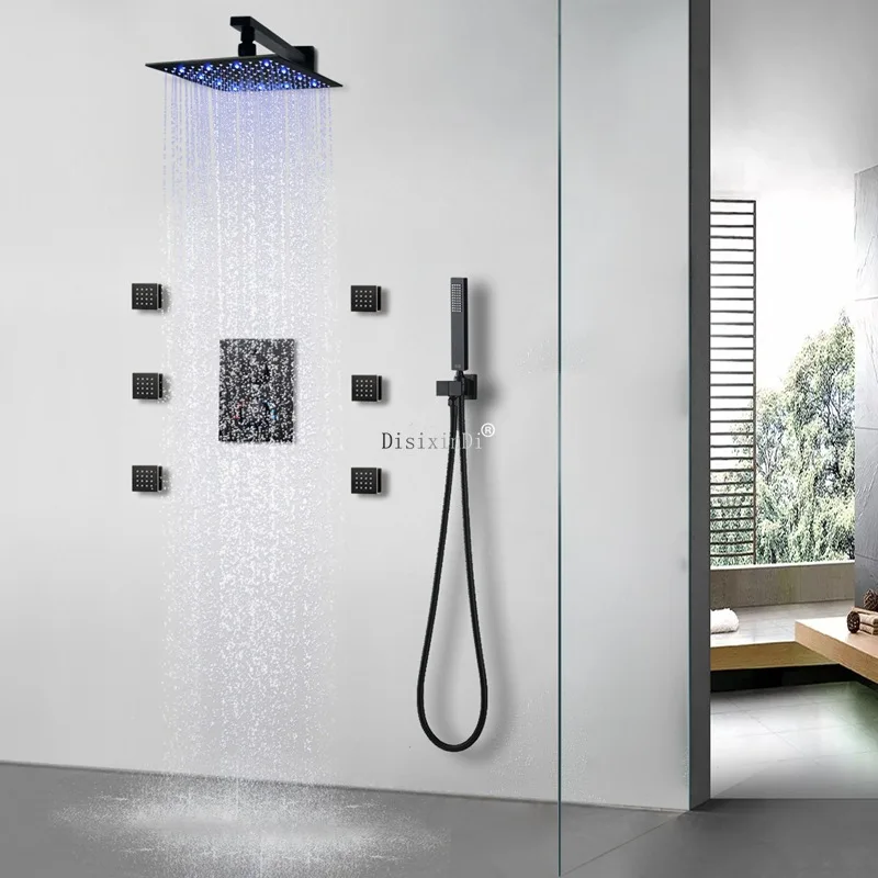 

Скрытый набор насадок для душа с настенной 10-дюймовой квадратной светодиодной насадкой для душа и корпусом термостатического регулирующего клапана с верхним распылением.